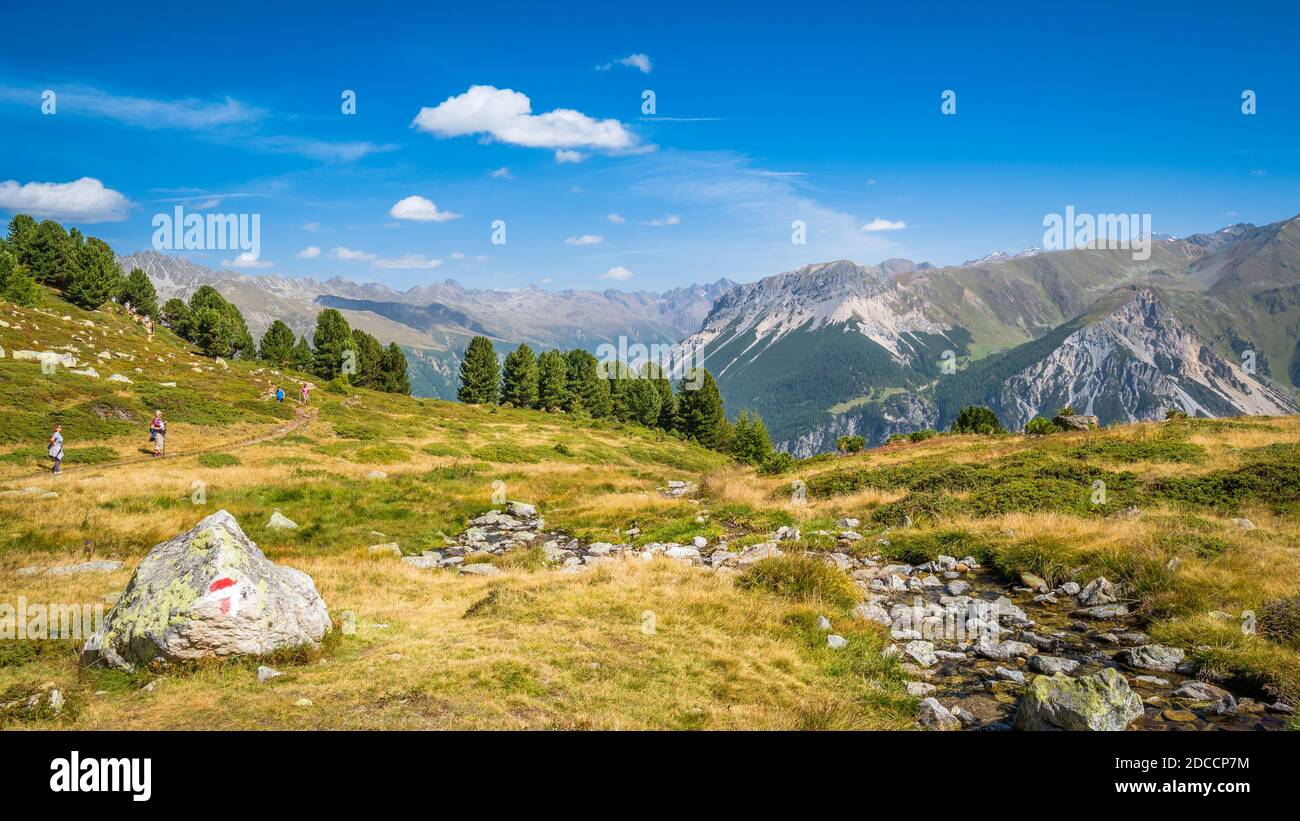Haideralm, Italy – September 16, 2019: The walking trail from Haideralm  to Schöneben in the Val Venosta in Italy is very popular with tourists Stock Photo