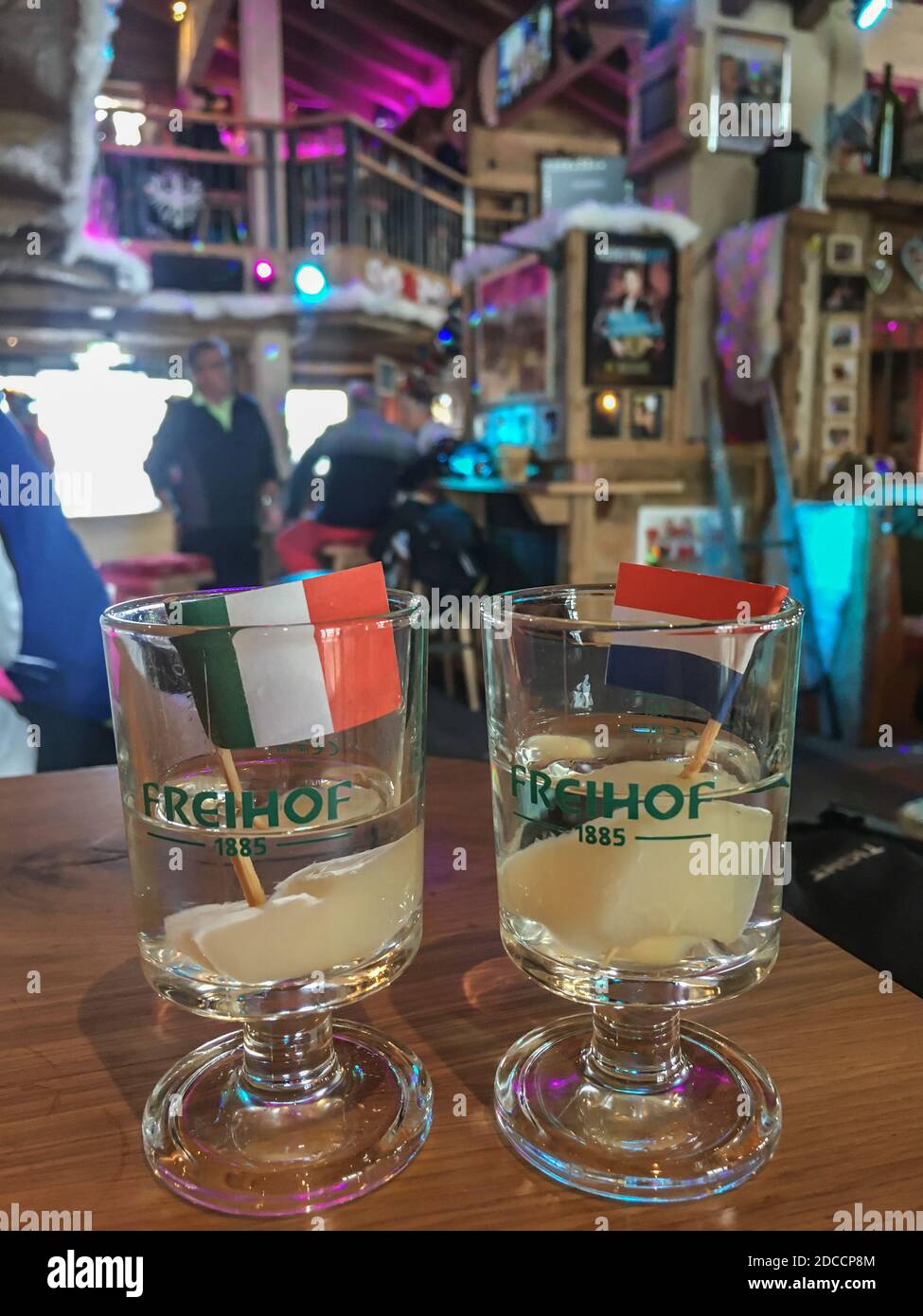 Two Williams Pear Schnapps in an indoor bar in Mayrhofen, Austria Stock Photo