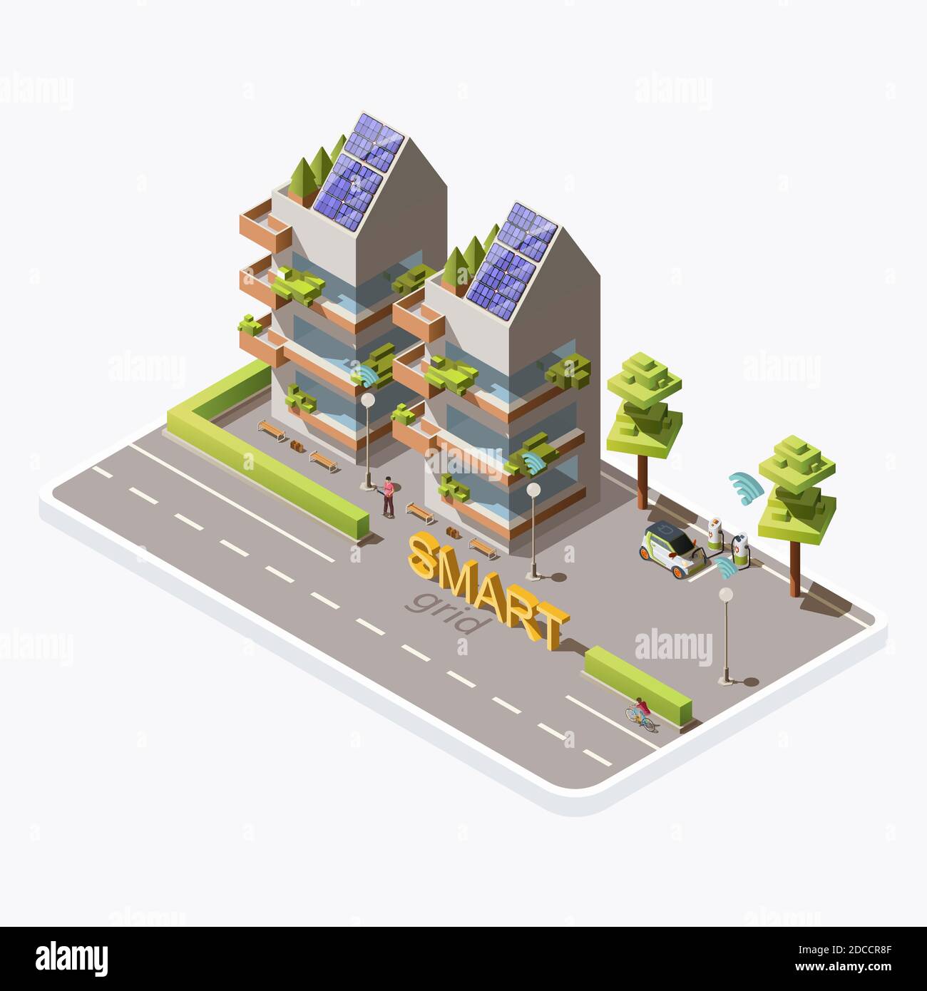 Isometric green eco friendly city building with solar panels on roof, electric car, charging station near road, isolated on background. Renewable energy, smart grid technology concept, vector template Stock Vector