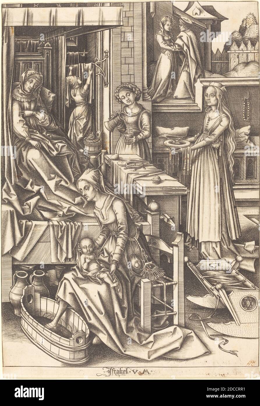 Israhel van Meckenem, (artist), German, c. 1445 - 1503, Hans Holbein the Elder, (artist after), German, c. 1465 - 1524, The Birth of the Virgin, The Life of the Virgin, (series), c. 1490/1500, engraving Stock Photo
