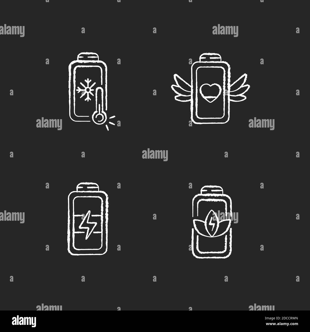 Different battery modes chalk white icons set on black background Stock