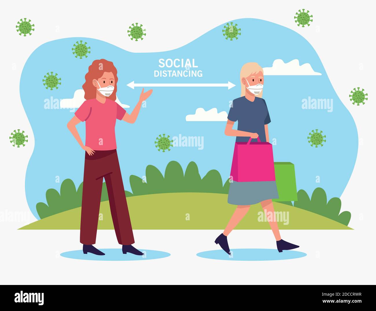 girls wearing medical masks walking with social distance vector ...