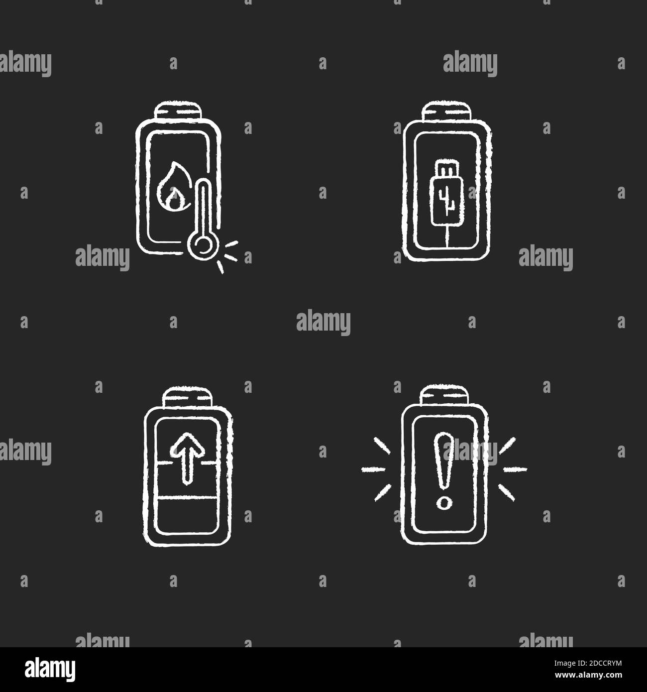 Battery cable charging process chalk white icons set on black background Stock Vector