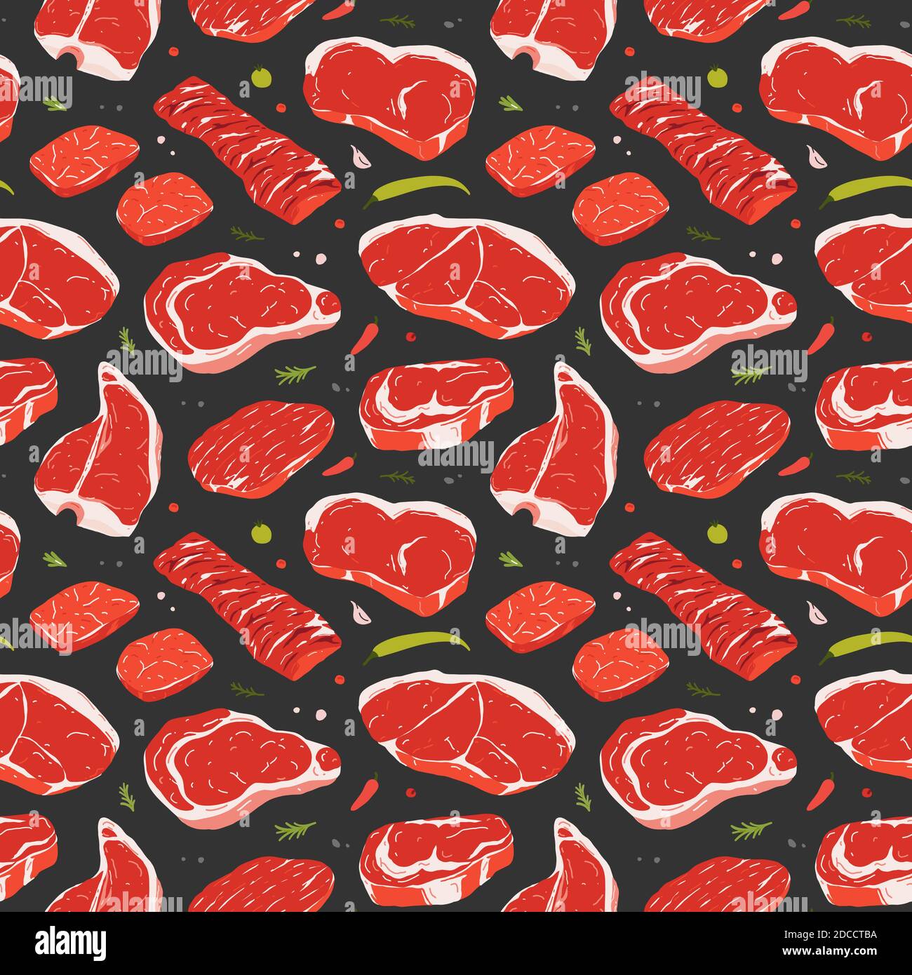 Steak pattern, various beef cuts, realistic raw meat illustration, black background for butchery shop or steakhouse.  Stock Vector