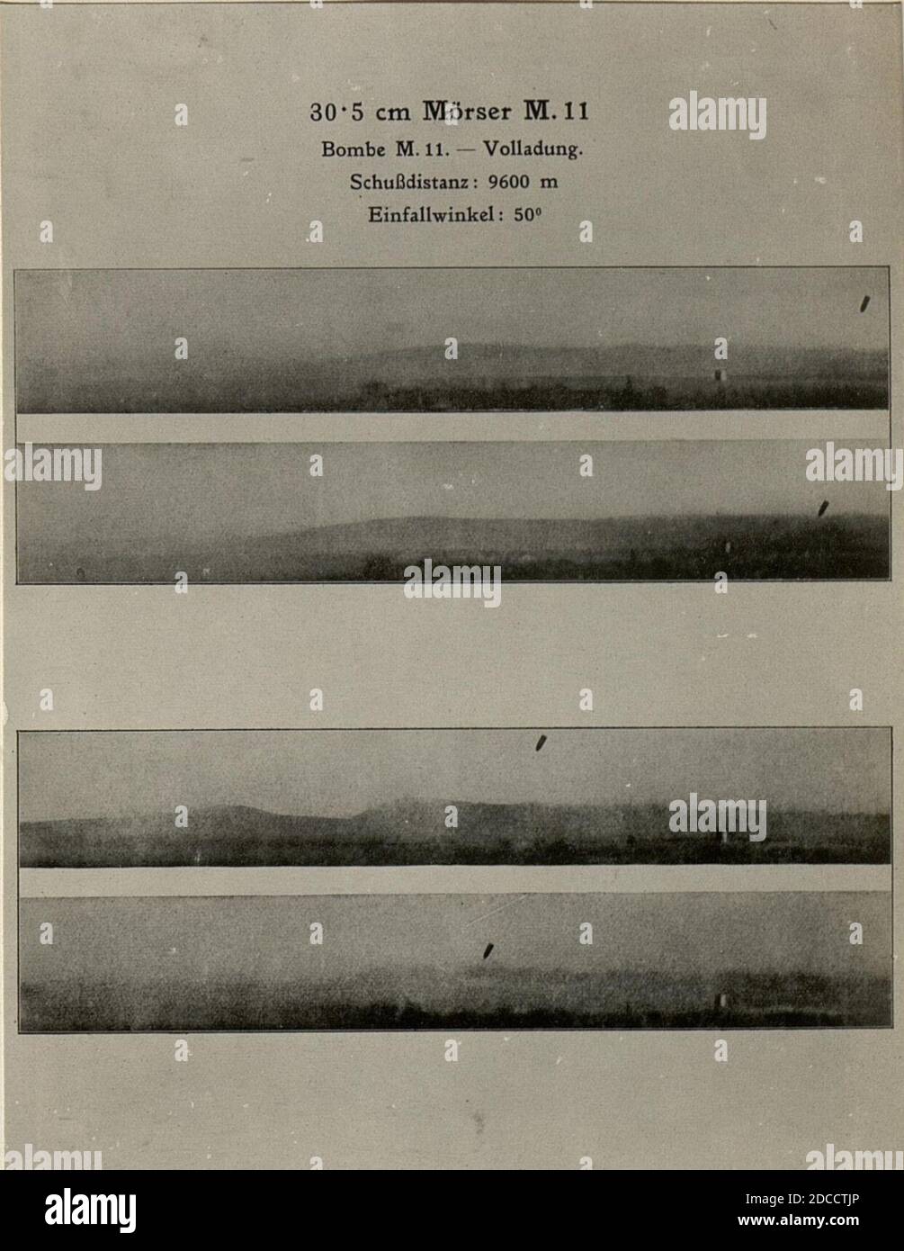 Kinematographische Aufnahme einer 30.5 cm Granate im Fluge zum Beweise der richtigen Stellung der Geschossachse zur Flugbahn. Aufgenommen am 27.3.1916. Stock Photo