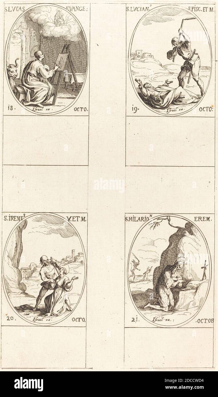 Jacques Callot, (artist), French, 1592 - 1635, St. Luke; St. Lucian; St. Irene; St. Hilarion, The Calendar of Saints, (series), etching Stock Photo