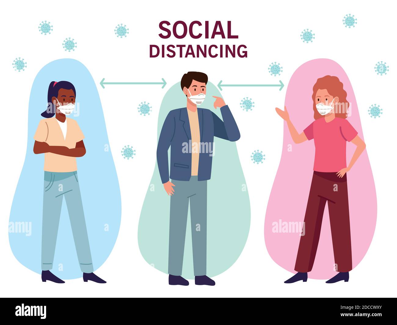 group of interracial people wearing medical masks with social distance ...
