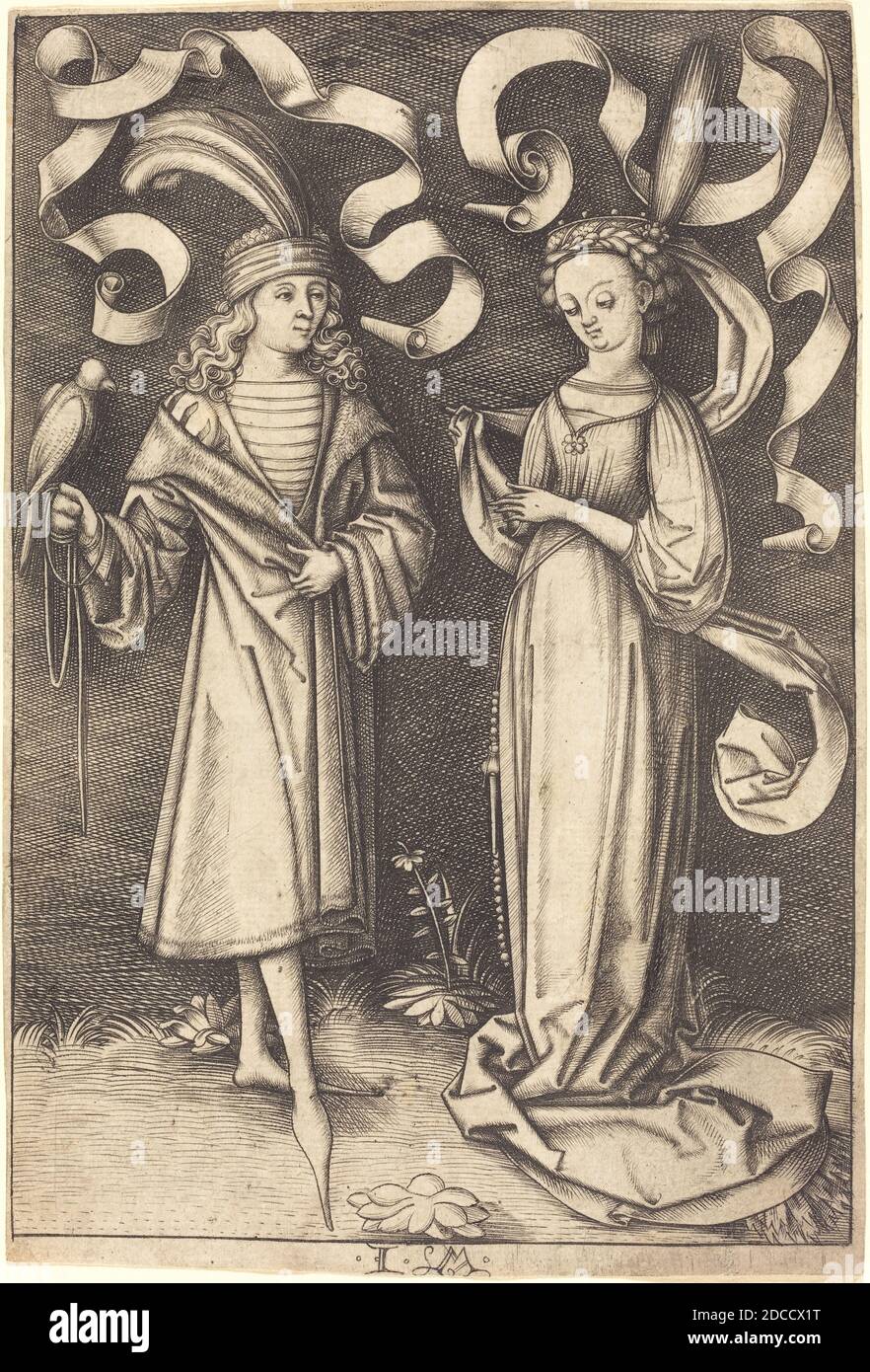 Israhel van Meckenem, (artist), German, c. 1445 - 1503, The Falconer and Noble Lady, Scenes of Daily Life, (series), c. 1495/1503, engraving Stock Photo