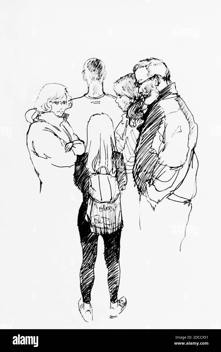Family conversation during awaiting in the line to access, grumpy girl with backpack against their relatives lineart sketch drawing Stock Photo