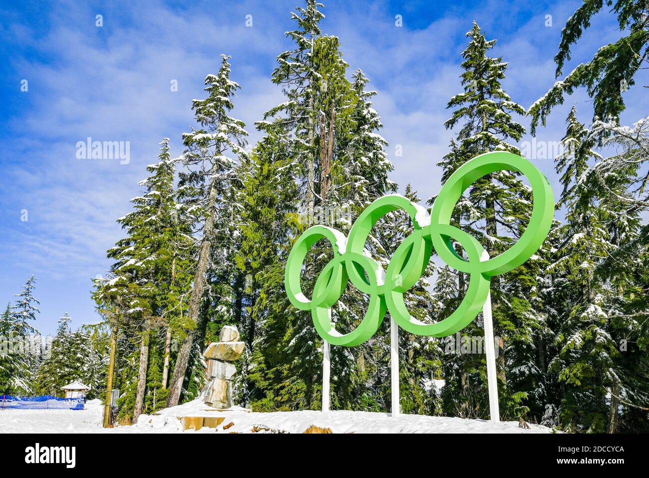 Olympic Rings,  Cypress Mountain ski hill, Cypress Provincial Park, West Vancouver, British Columbia, Canada Stock Photo