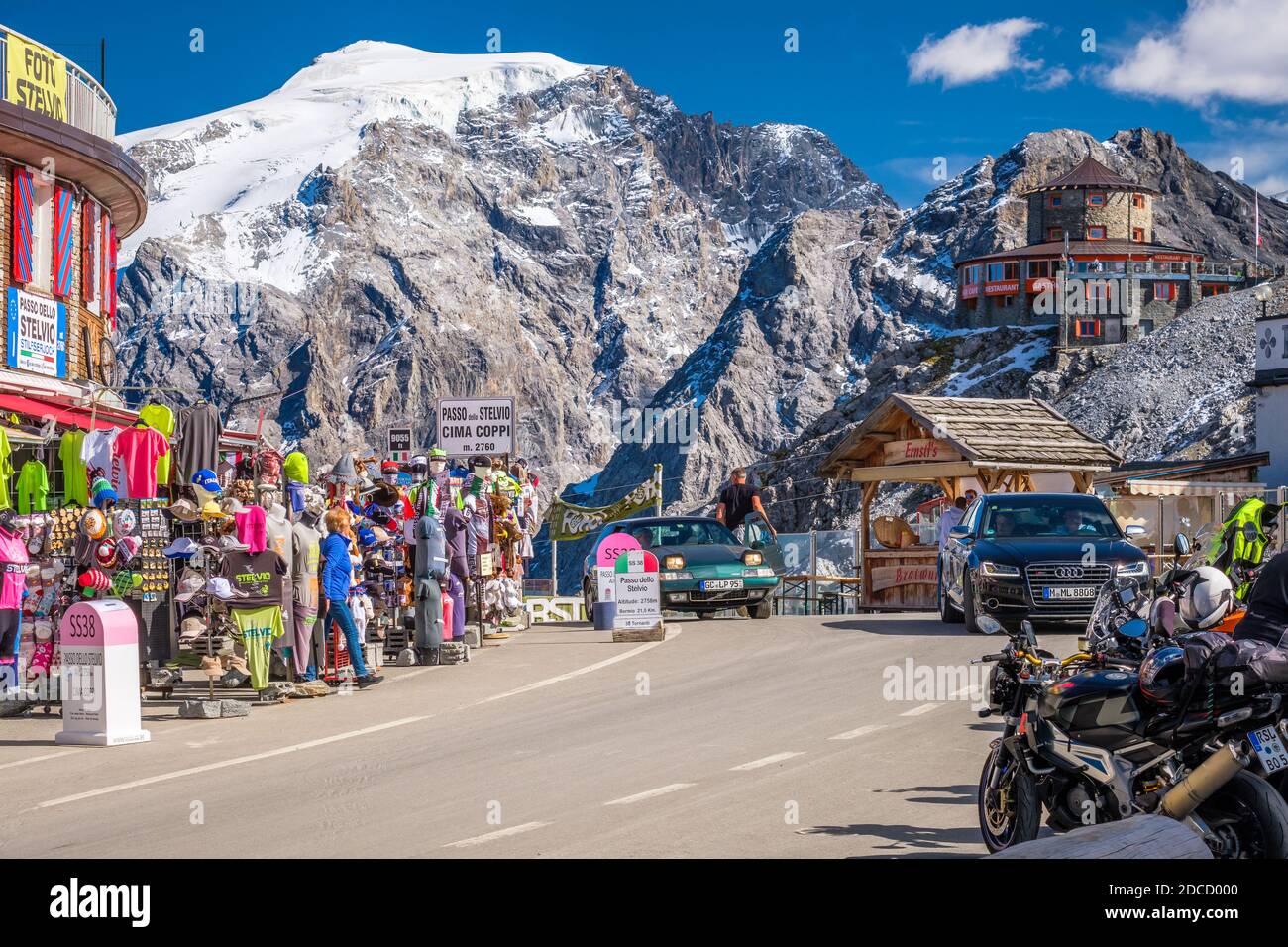 Stelvio Pass, Italy - September 18, 2019: The Stelvio Pass is a mountain pass in the Ortler alps in South Tyrol and connects to the Swiss Umbrail Pass Stock Photo