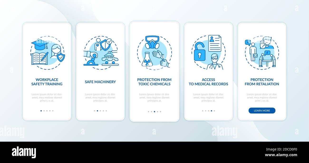 Workplace safety rights onboarding mobile app page screen with concepts ...