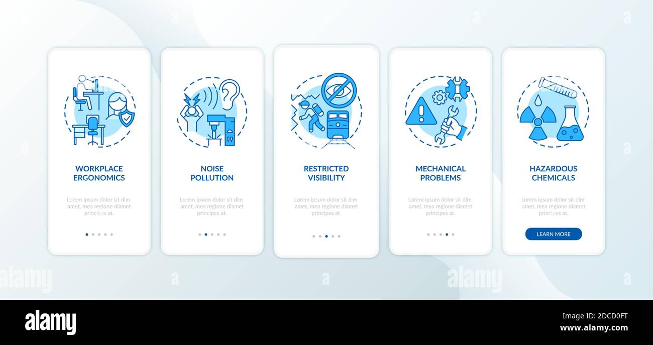 Workplace safety concerns onboarding mobile app page screen with concepts Stock Vector