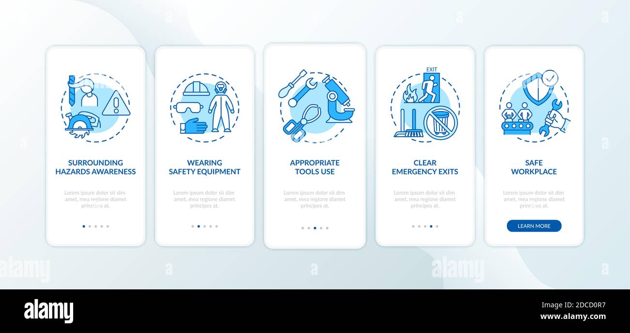 Workplace safety elements onboarding mobile app page screen with concepts Stock Vector