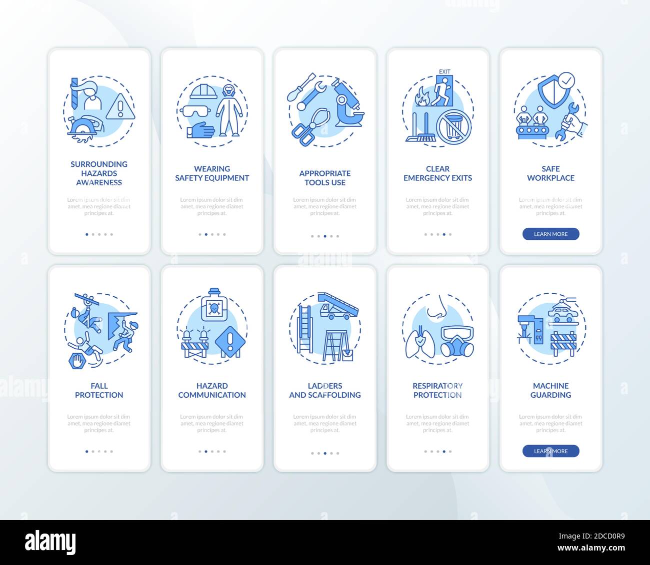 Workplace safety onboarding mobile app page screen with concepts set ...