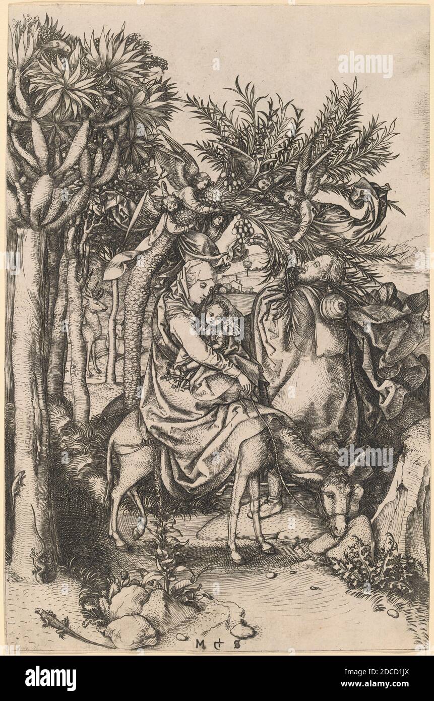 Martin Schongauer, (artist), German, c. 1450 - 1491, The Flight into Egypt, Life of the Virgin, (series), c. 1470/1475, engraving on laid paper, sheet (trimmed to platemark): 25.7 x 16.9 cm (10 1/8 x 6 5/8 in Stock Photo