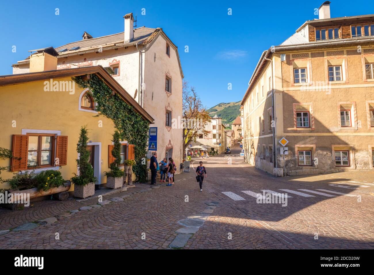 Glorenza, Italy - September 18, 2019: A street is leading towards the central square in the village of Glorenza (Alto Adige, Val Venosta, Italy) Stock Photo