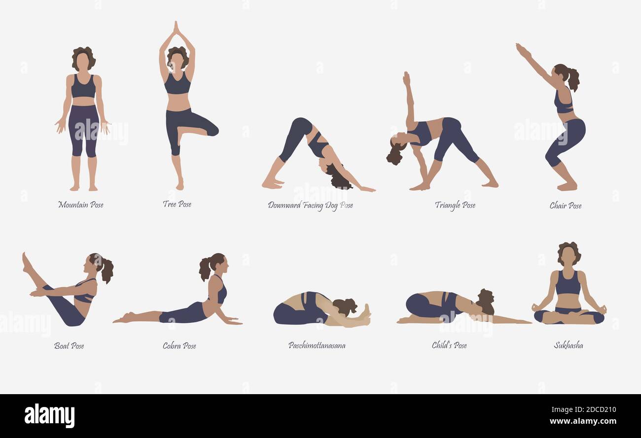 10 yoga poses in illustration that exercise full body 2DCD210