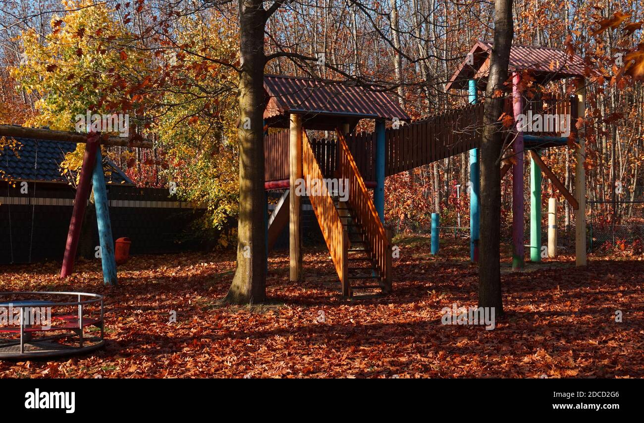 Playground Tree Fall Children's playground in bright colors. The deciduous trees have ...
