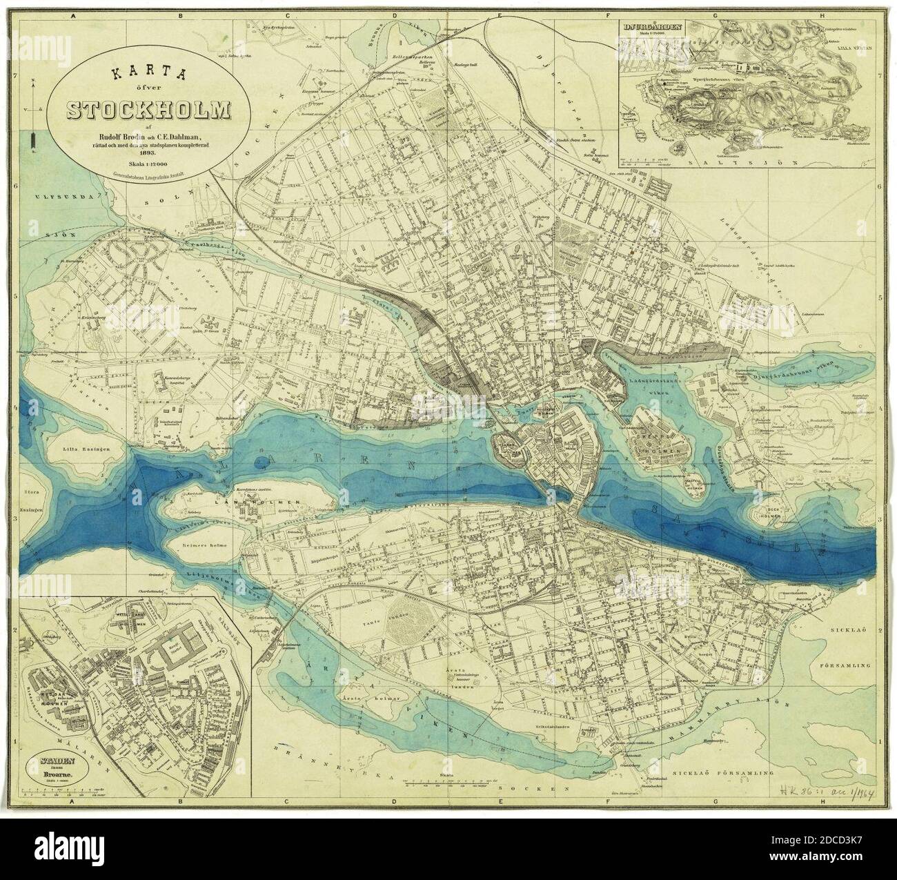 Karta över Stockholm med detalj av Gamla stan och Djurgården samt djupanvisningar 1893. Stock Photo