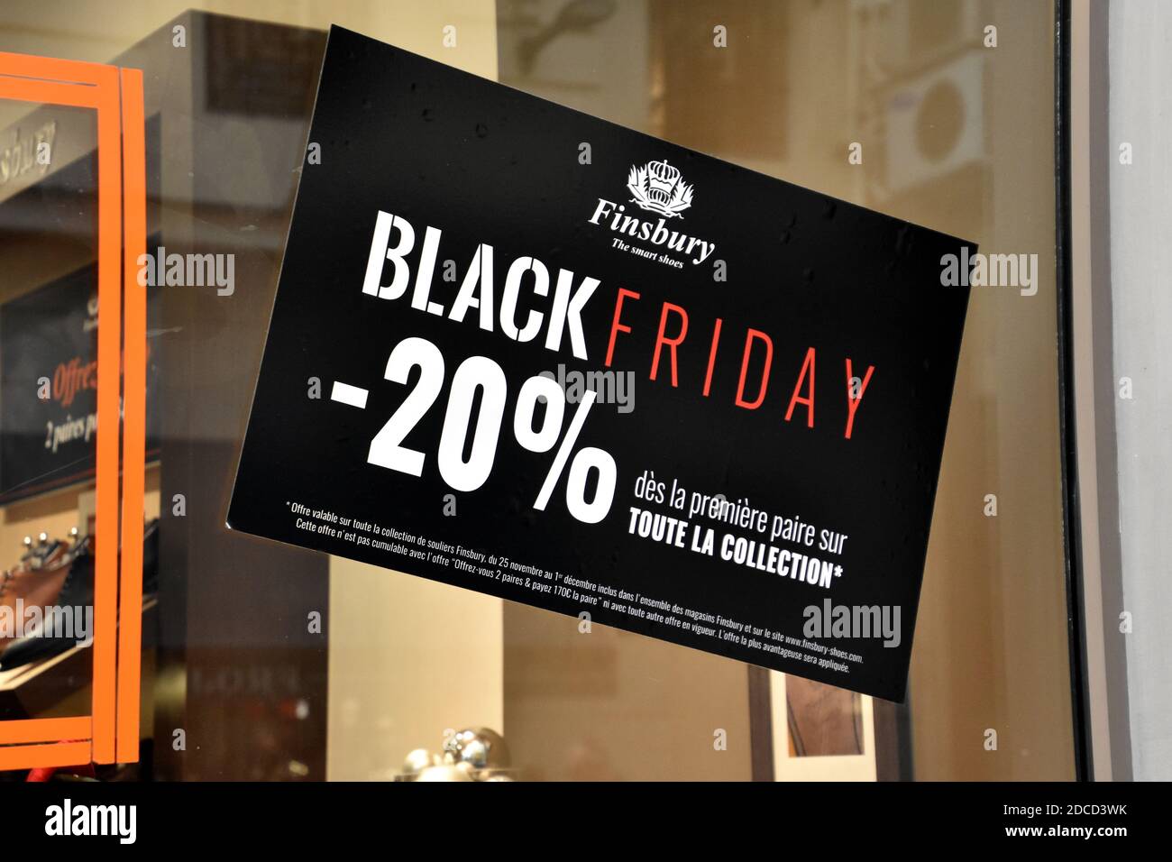 A Black Friday sign on a shop window at Rue Paradis in Marseille.Due to the  confinement period currently underway in France, Amazon announced its  intention to postpone the date of Black Friday