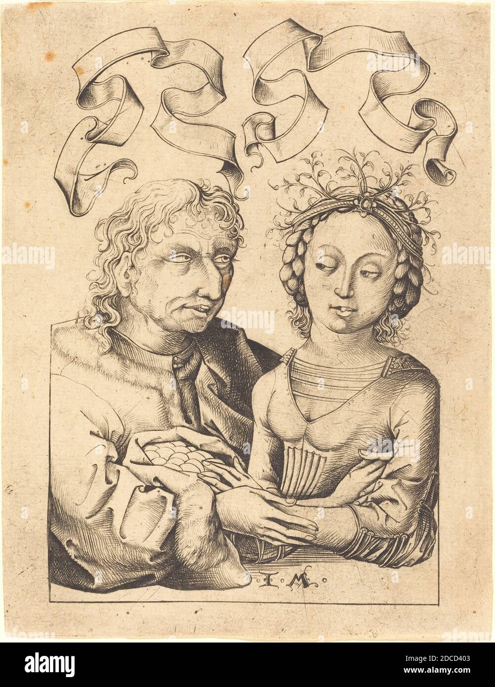Israhel van Meckenem, (artist), German, c. 1445 - 1503, Master of the Housebook, (artist after), German, active c. 1470 - 1500, The Foolish Old Man and the Young Girl, c. 1480/1490, engraving Stock Photo