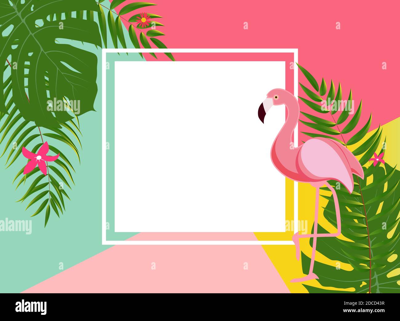 Cute Summer Abstract Frame Background with Pink Flamingo Illustration ...