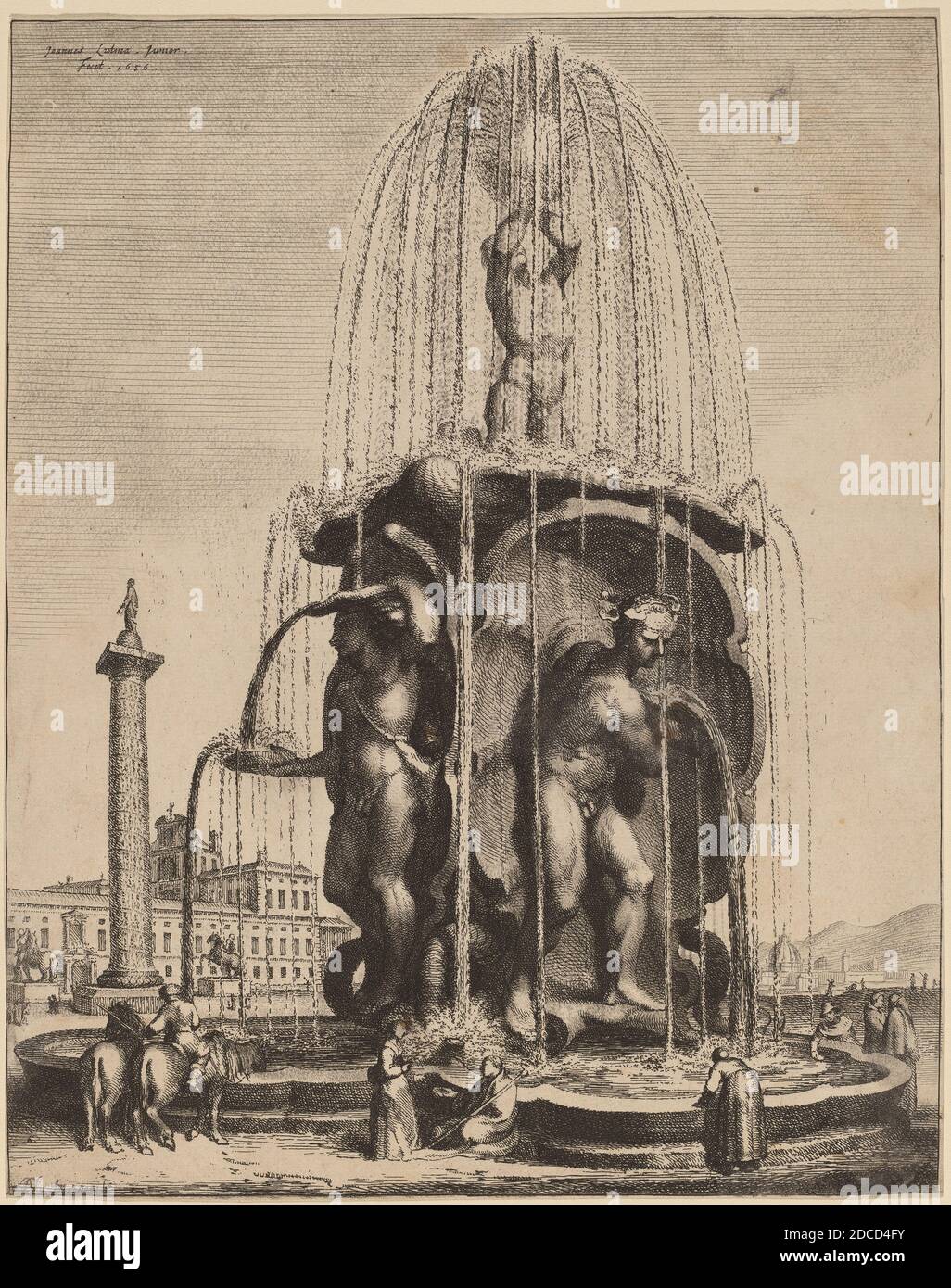 Jan Lutma II, (artist), Dutch, 1624 - 1689, The Fountain and the Column of Trajan in Rome, 1656, etching with stipple Stock Photo