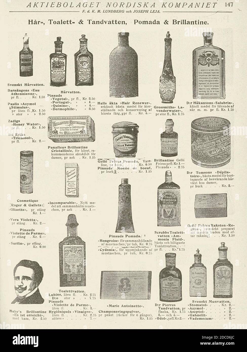 Katalog vintern 1905-1906. AB Nordiska Kompaniet. Hår-, Toalett- & Tandvatten, Pomada & Brilliantine Stock Photo