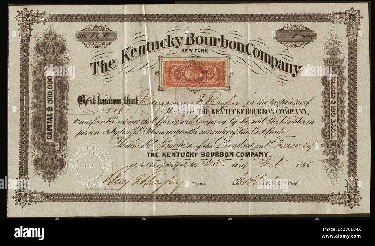 Kentucky Bourbon Co stock certificate 1865. Stock Photo