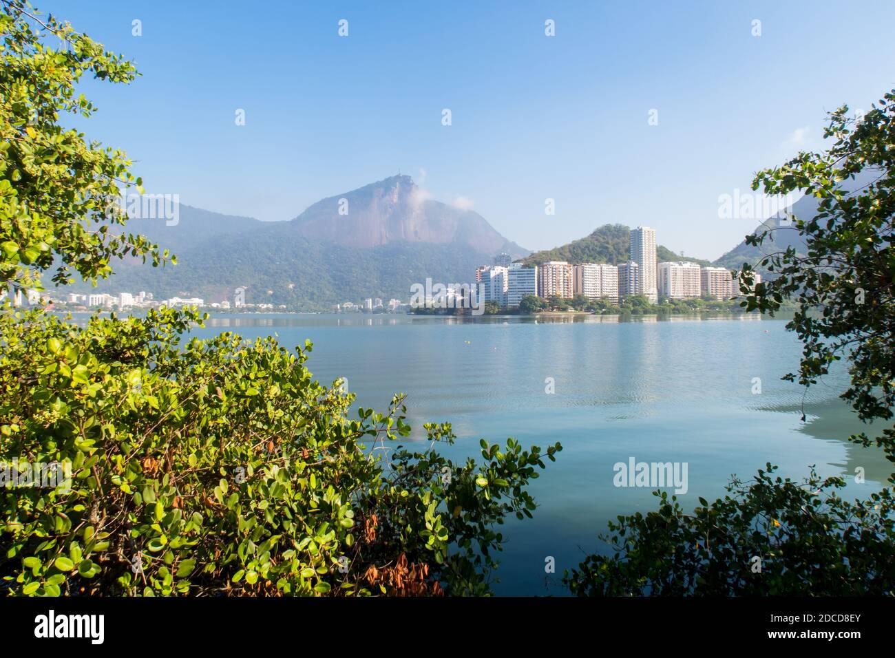 Landscape of Rodrigo de Freitas, Rio de janeiro, Lagoon on a clear day with blue sky Stock Photo