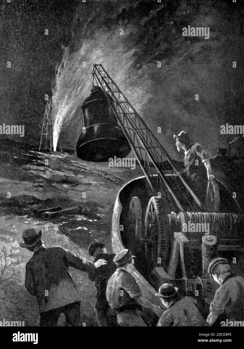 Workers Cap Burning Oil Well, 1909 Stock Photo