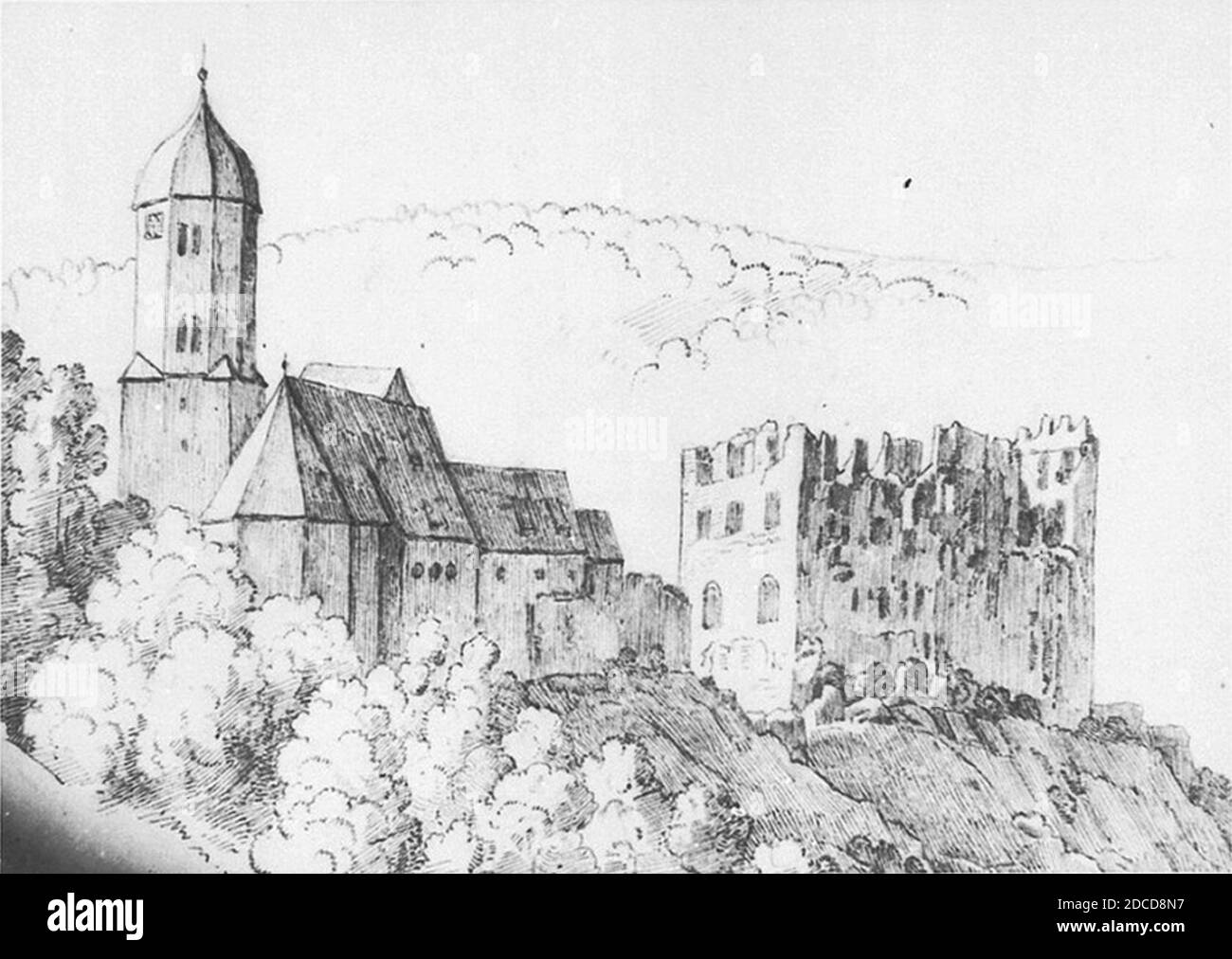 Keller Essingen Kirche Ruine 1838. Stock Photo