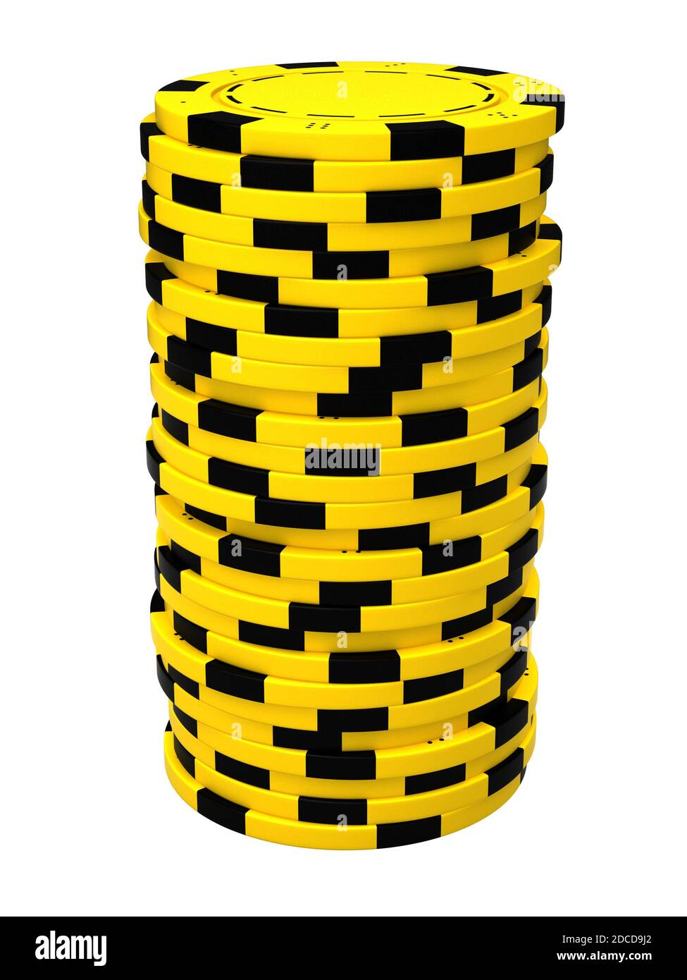3d render of yellow casino chips pile isolated over white background Stock Photo