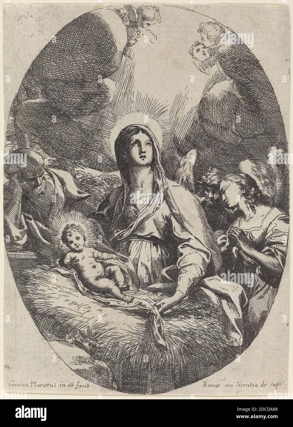 Carlo Maratta, (artist), Italian, 1625 - 1713, The Holy Family with Angels, etching Stock Photo