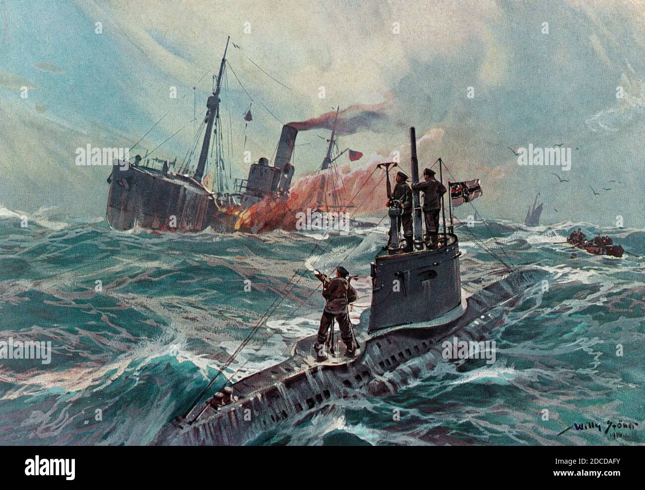 WWI, German U-Boat Attacking  English Merchant Ship, 1916 Stock Photo