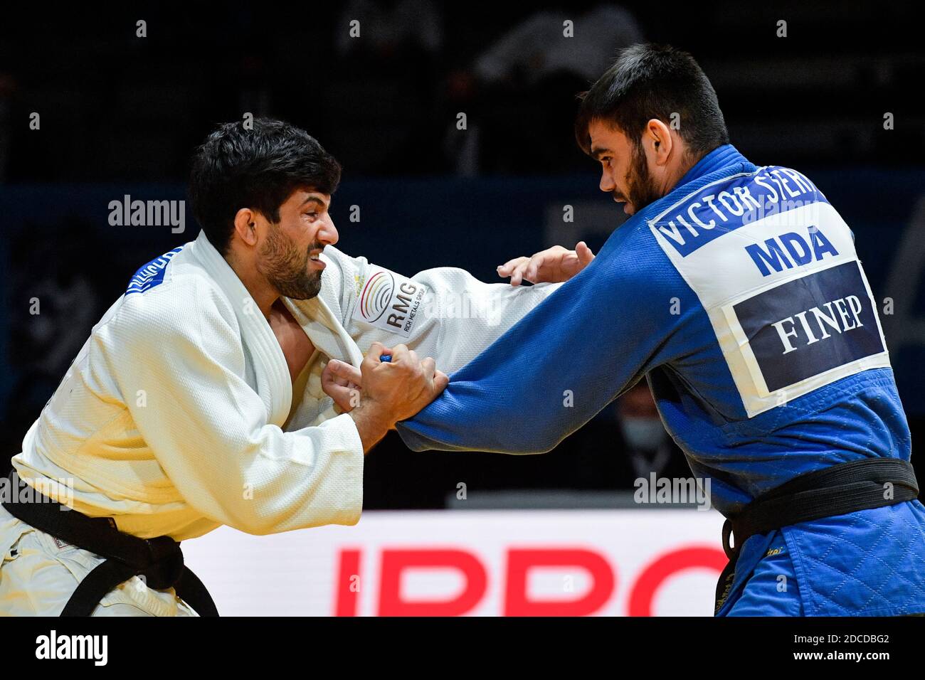 Prague, Czech Republic. 20th Nov, 2020. Lasha Shavdatuashvili (Georgia), left and Victor Sterpu (Moldova) fight during their men´s under 73kg game within the European Judo Championships in Prague, Czech Republic, November 20, 2020. Credit: Vit Simanek/CTK Photo/Alamy Live News Stock Photo