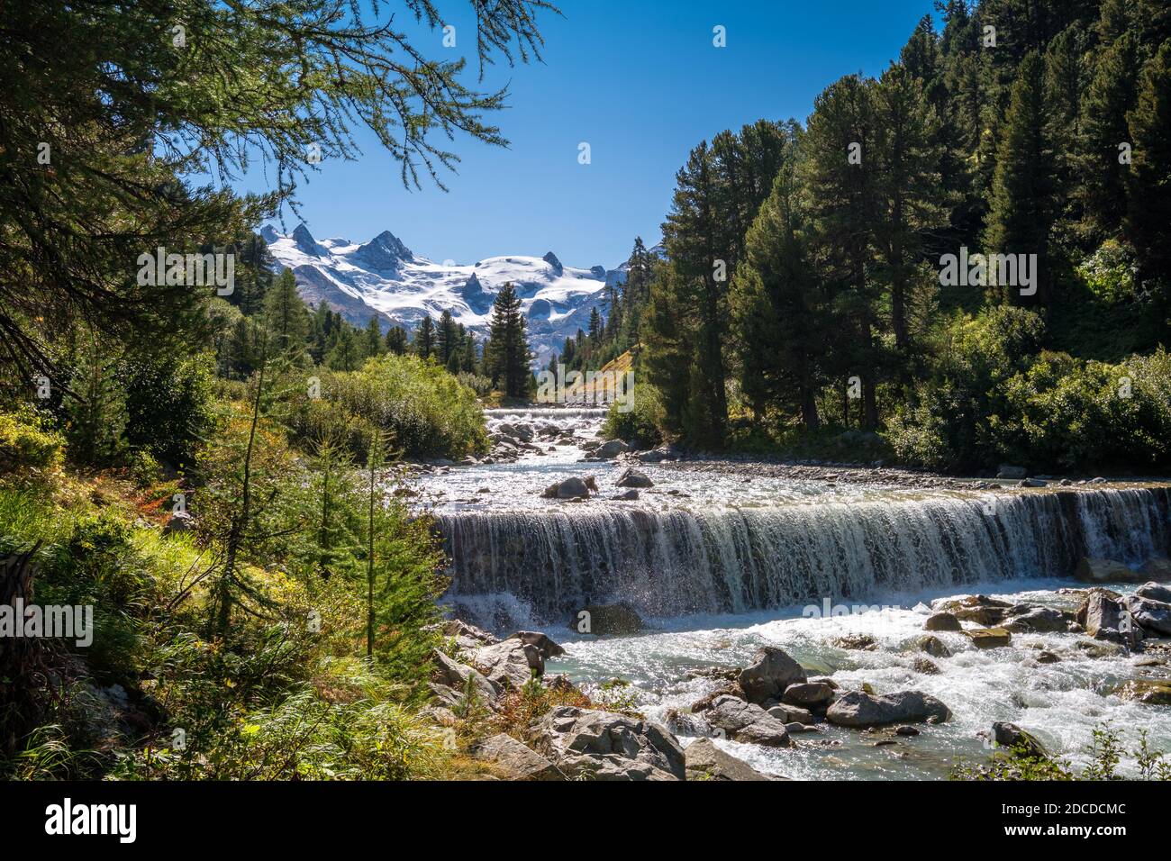 Gorgeous nature of the Roseg Valley in September. It is a valley of the Swiss Alps, located on the north side of the Bernina Range in Graubünden Stock Photo