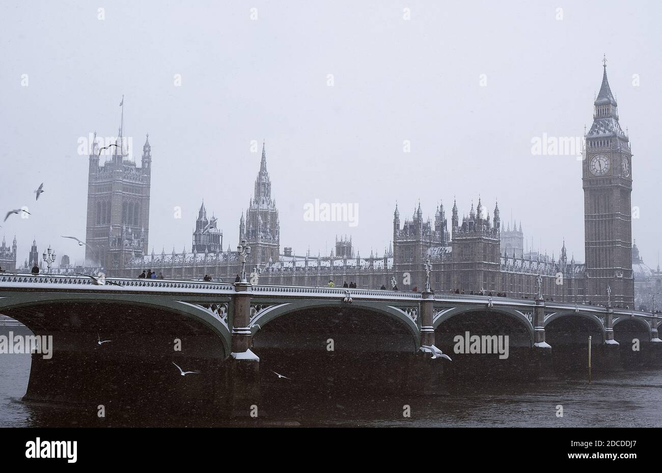 Snow on Houses of Parliament and Big Ben London England Stock Photo