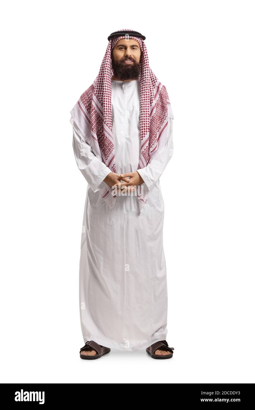 Full length portrait of a saudi arab man wearing a traditional thobe and posing isolated on white background Stock Photo