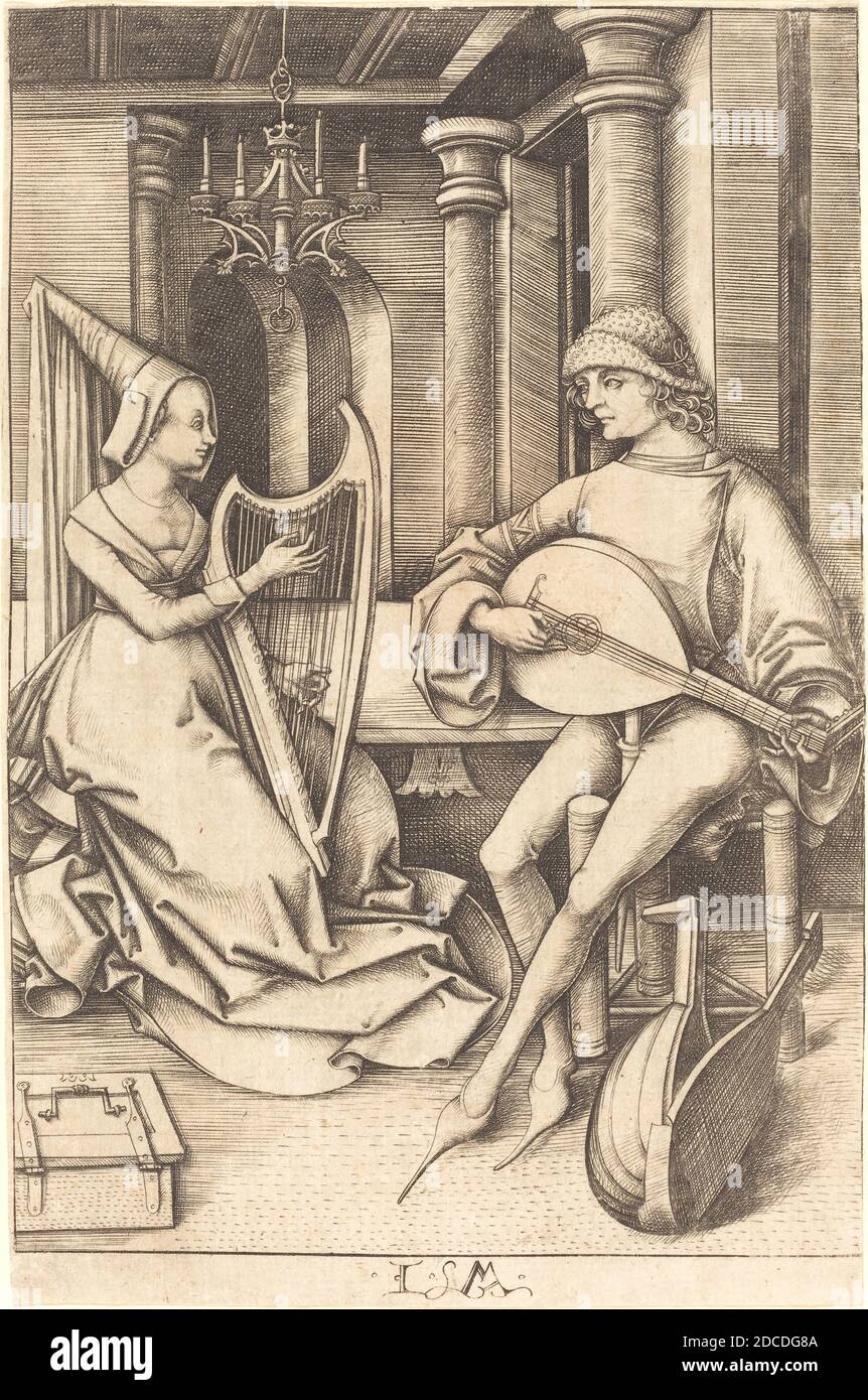 Israhel van Meckenem, (artist), German, c. 1445 - 1503, The Lute Player and the Harpist, Scenes of Daily Life, (series), c. 1495/1503, engraving Stock Photo