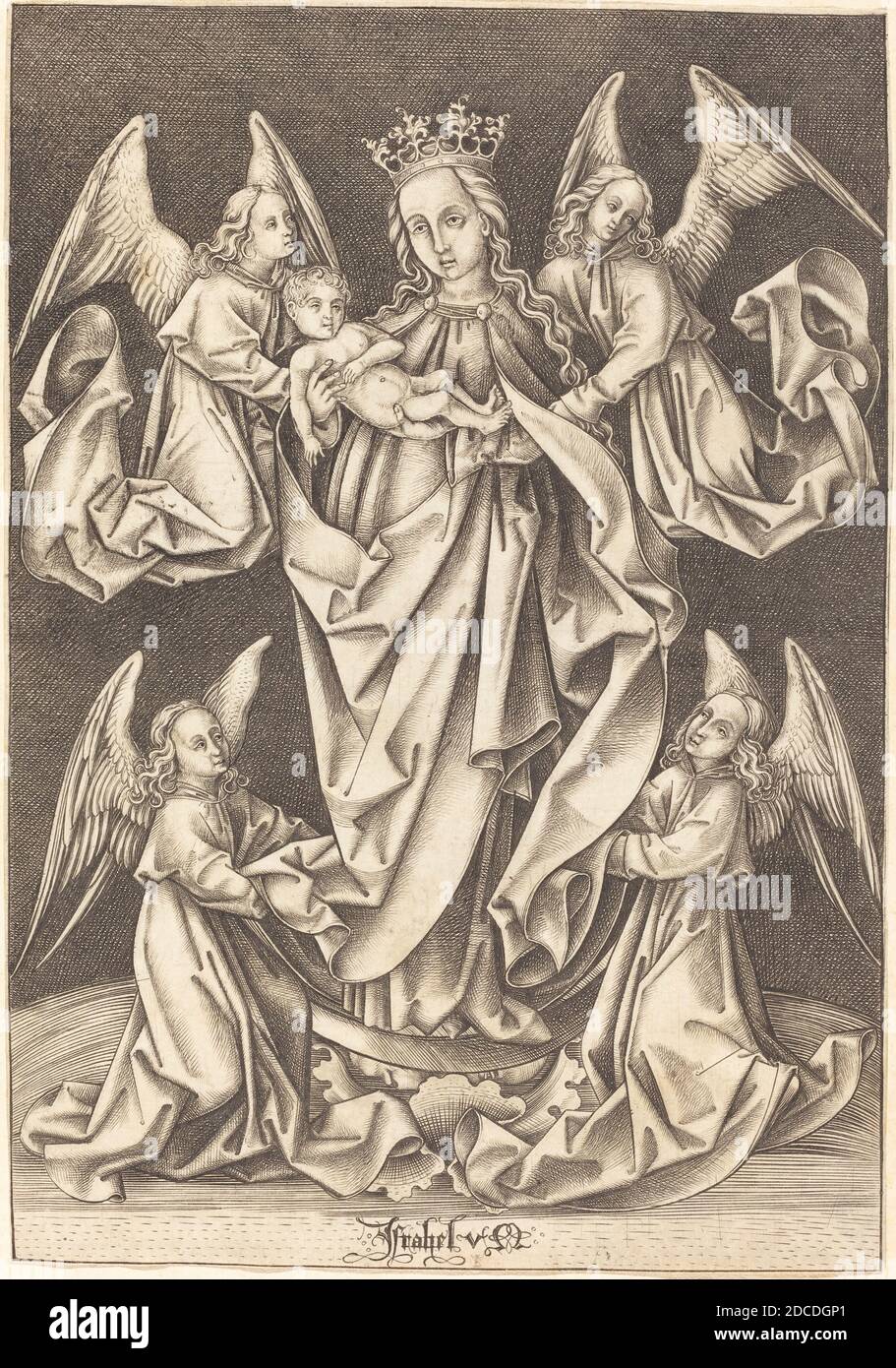 Israhel van Meckenem, (artist), German, c. 1445 - 1503, The Madonna and Child on the Crescent Supported by Four Angels, c. 1490/1500, engraving Stock Photo