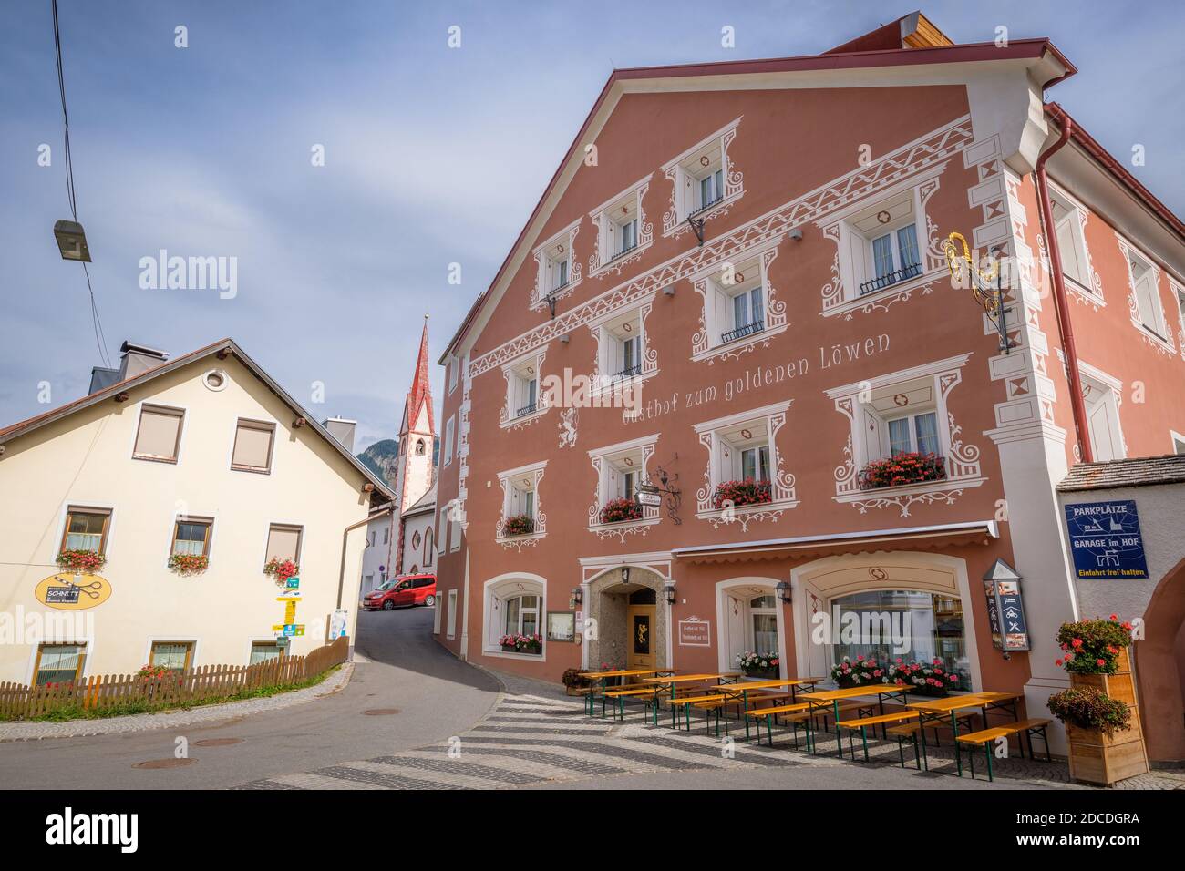 Nauders, Austria - September 22, 2019: The center of the small Austrian village of Nauders features a lot of restaurants, bars and sports shops Stock Photo