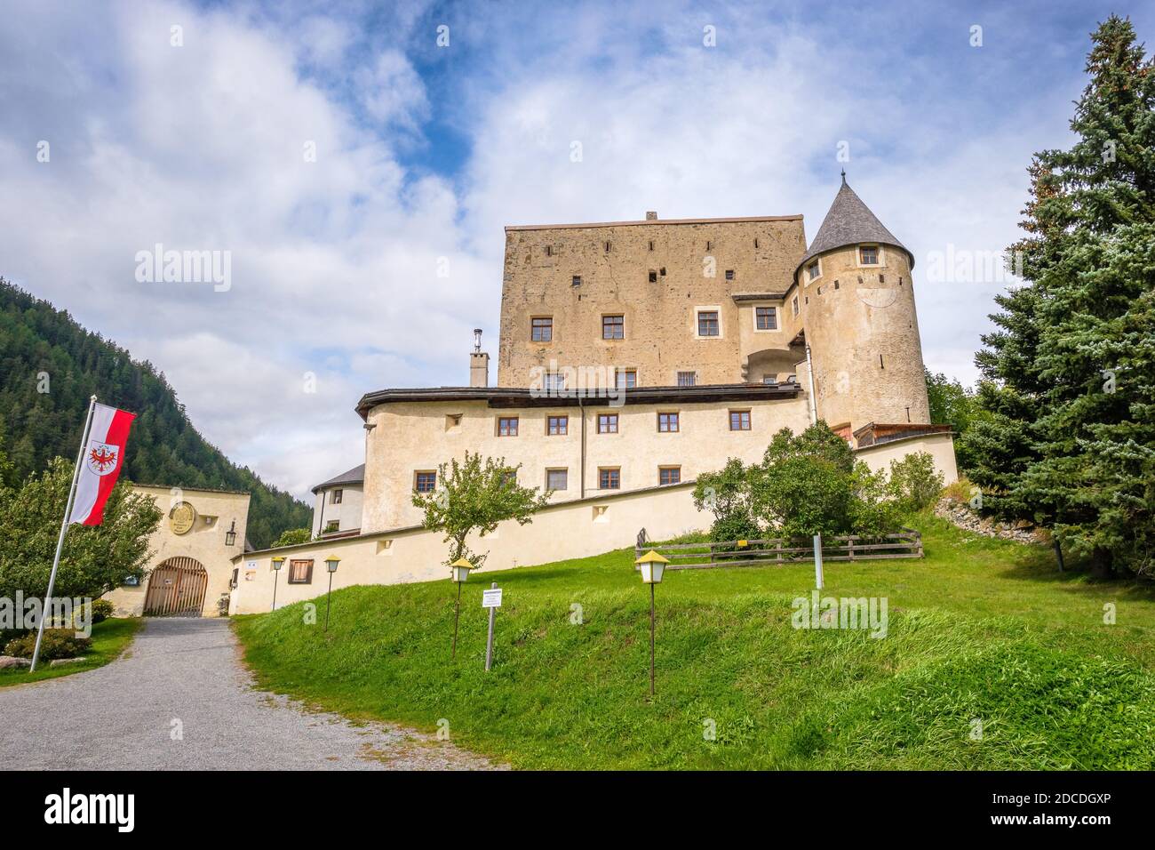 Nauders, Austria - September 22, 2019: On a hill south of Nauders (Tirol, Austria) 12th century castle Naudersberg rises Stock Photo