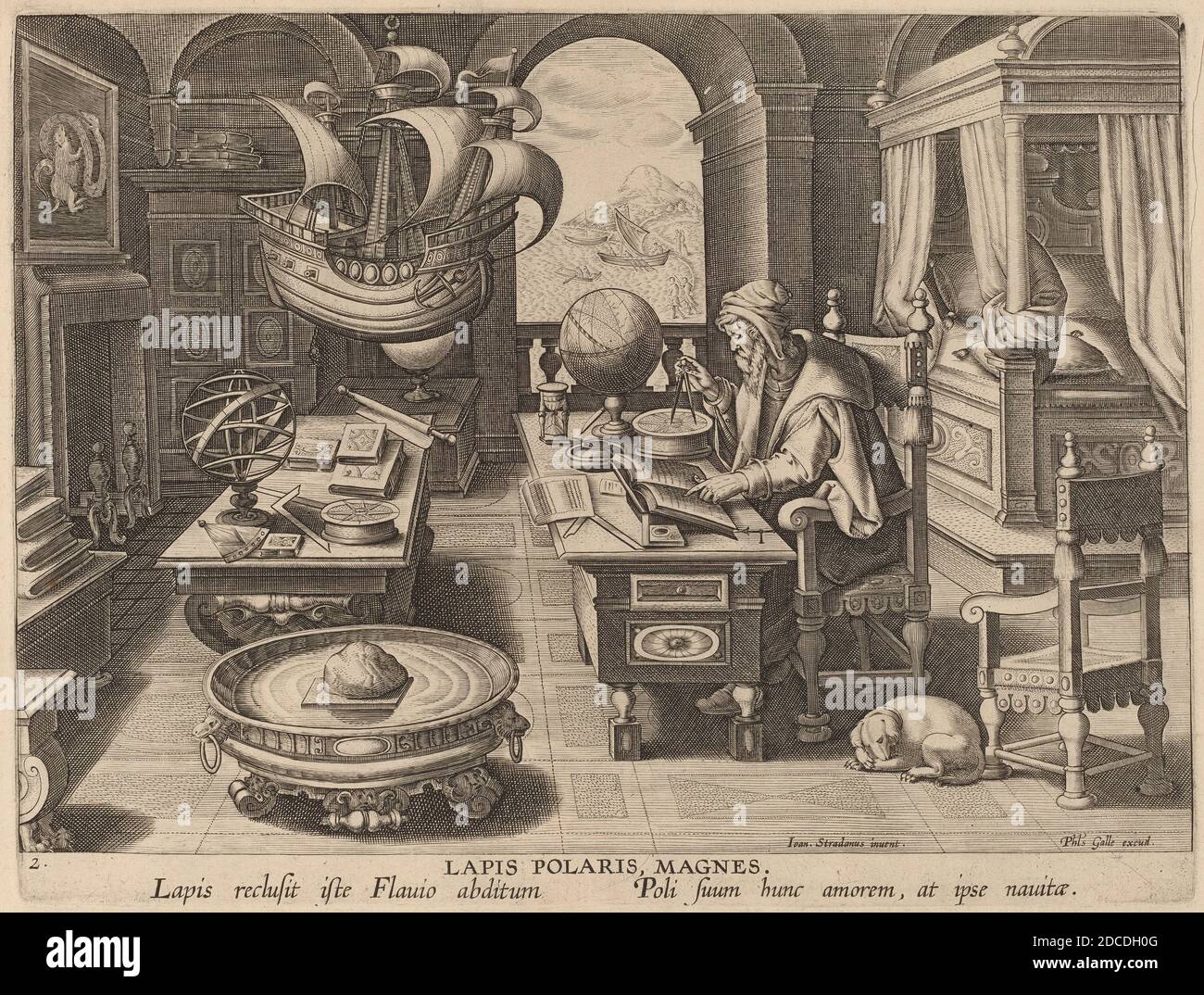 Theodor Galle, (artist), Flemish, c. 1571 - 1633, Jan van der Straet, (artist after), Flemish, 1523 - 1605, The Magnetic Pole: pl.2, New Discoveries, (series), c. 1580/1590, engraving Stock Photo