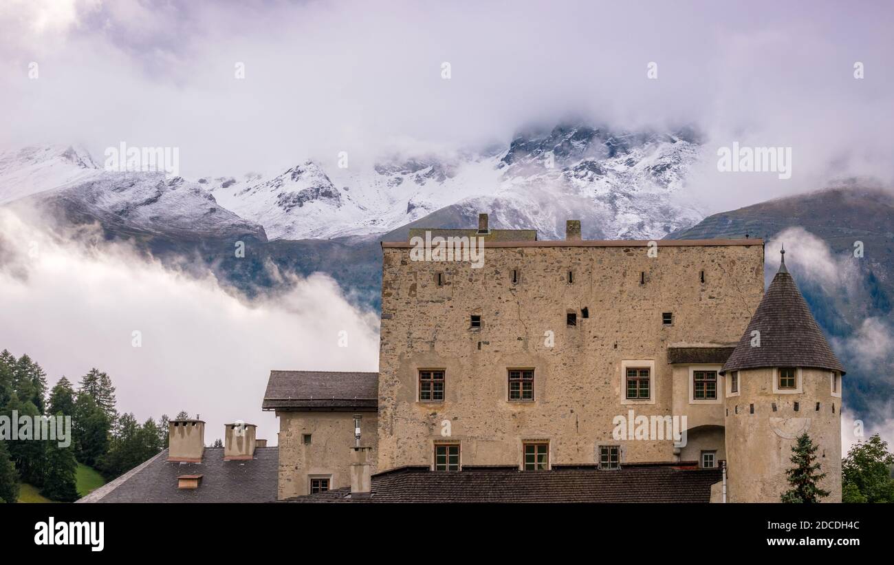 Nauders, Austria - September 23, 2019: On a hill south of Nauders (Tirol, Austria) 12th century castle Naudersberg rises Stock Photo
