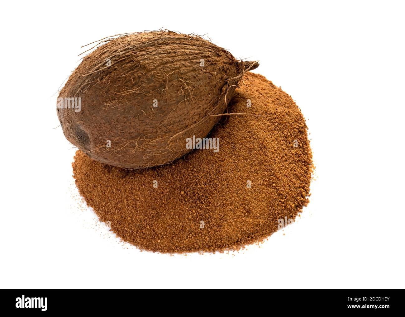 organic coconut sugar  with whole coconut isolated on a white background Stock Photo