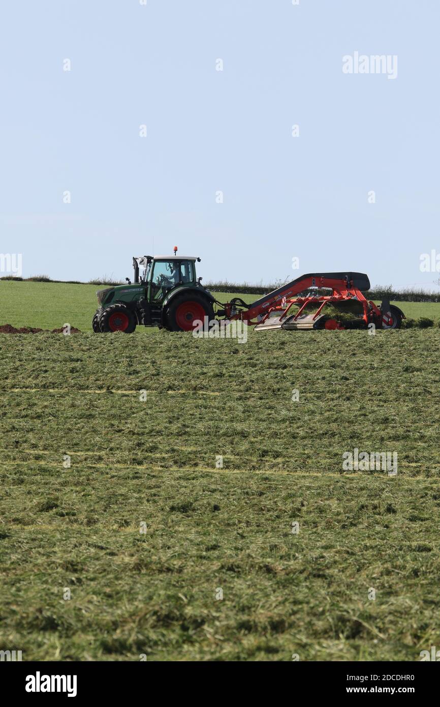StrandHead Farm, Tarbolton, Ayrshire, Scotland 19 Sept 2020  Kuhn Merge Maxx raking machine in use turning over the grass Stock Photo