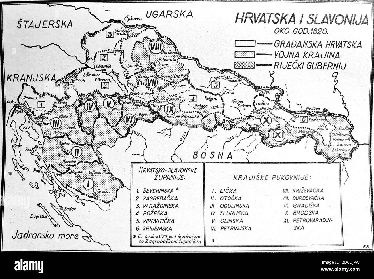 Karta Hrvatska i Slavonija oko 1820. (građanska Hrvatska, Vojna