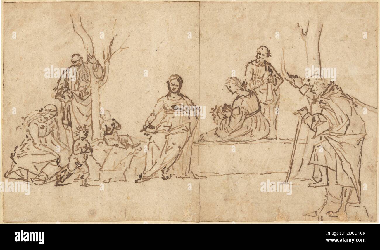 Vittore Carpaccio, (artist), Venetian, c. 1465 - 1525/1526, The Madonna and Child with Saints in a Landscape (Sacra Conversazione), 1500/1510, pen and brown ink (iron gall) with brown wash over black chalk on laid paper (cut vertically at center and reattached, laid on nineteenth century mount), overall: 13.9 × 23.7 cm (5 1/2 × 9 5/16 in Stock Photo
